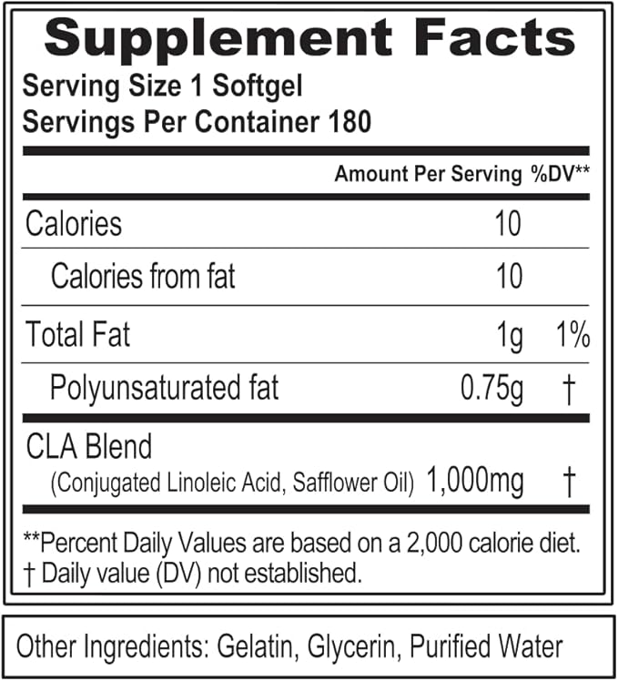 Conjugated Linoleic Acid CLA Pills - CLA 1000mg Diet Pills to Support Weight Loss Fat Burning Lean Muscle and Faster Metabolism - Stimulant-Free CLA 1000mg Safflower Based Fat Loss Support Pills - 180