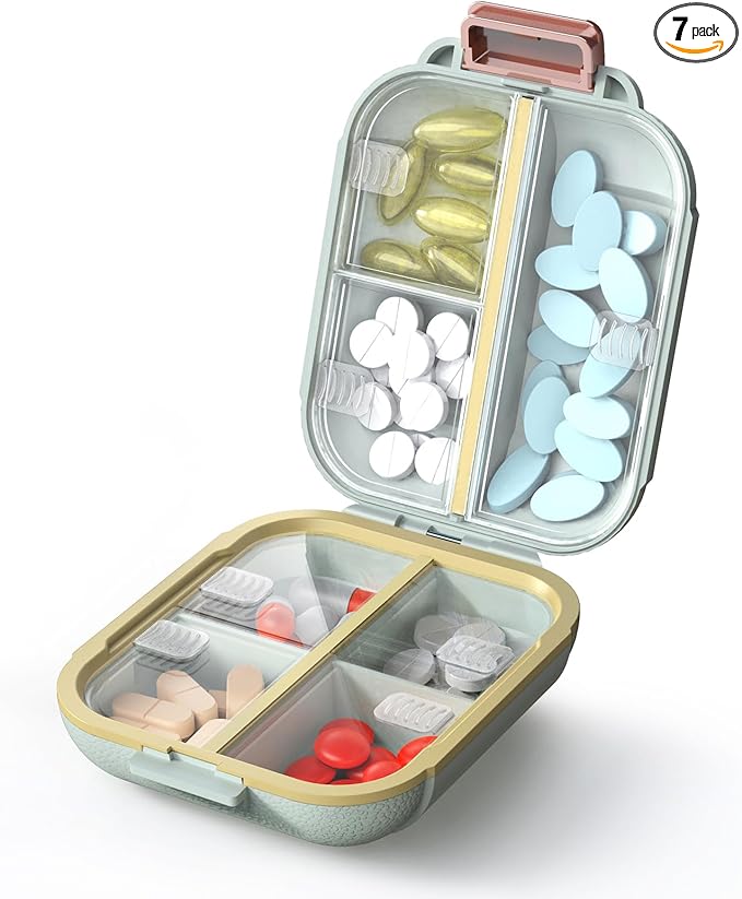 7 Compartments Travel Pill Organizer, Foldable Portable Airtight Daily Pill Box, Compact Pill Case for Purse & Pocket, BPA-Free Medicine Organizer for Vitamins Fish Oil Supplements (Green)
