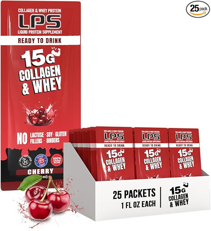 Nutritional Designs LPS Liquid Collagen & Whey Protein Supplement - Non-GMO Drink, Sugar-Free - Promotes Healthy Skin & Hair for Men & Women, Single Serve (Cherry, 25 Packets)