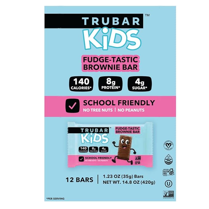 TRUBAR Kids Protein Bars, Fudge-Tastic Brownie, Plant Based Protein, Gluten Free School-Friendly Snacks for Lunchboxes, Tree Nut and Peanut Free, Low Sugar, Healthy On the Go Snack Bars, 12 Count