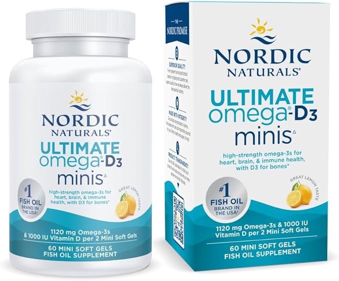 Nordic Naturals Ultimate Omega Mini D3, Lemon Flavor - 60 Mini Soft Gels - 1120 mg Omega-3 + 1000 IU Vitamin D3 - EPA & DHA - Promotes Brain & Heart Health - 30 Servings
