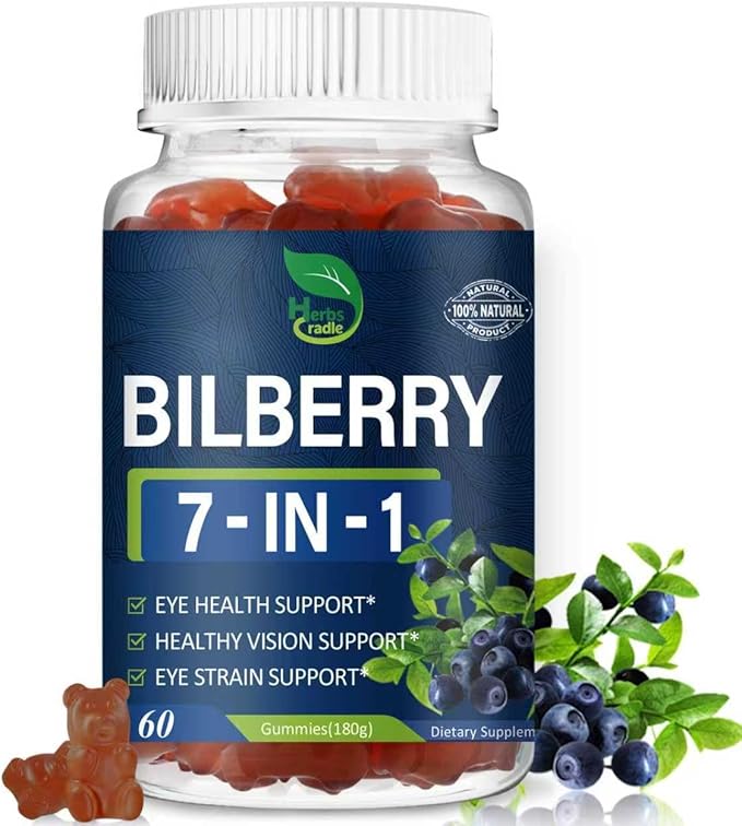Bilberry Extract Gummies for Eye Health Support, 7-in-1 Herbal Supplement for Vision & Eyes Strain w/Eyebright Herb Lutein & Zeaxanthin, Alternative to Bilberry Powder Capsules. 60Count