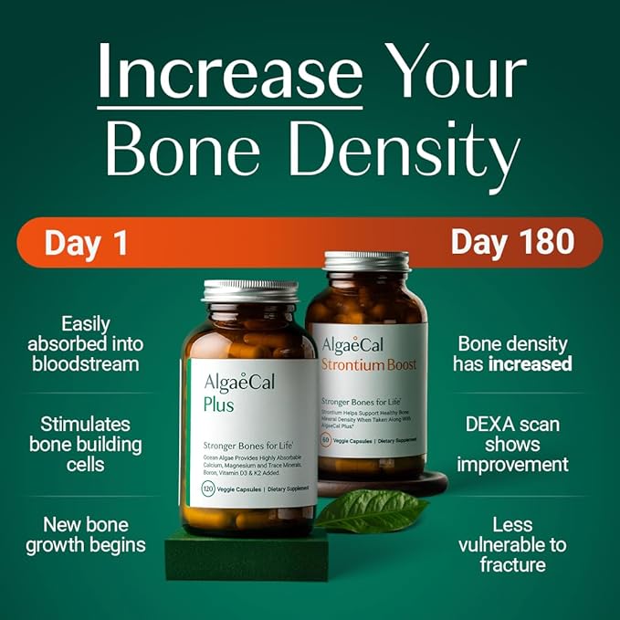 ALGAECAL Bone Builder Pack - Plant Based Calcium Supplement & Strontium - Organic Calcium 750mg with Vitamin D3 1600 IU, Vitamin K2, Magnesium, 16 Nutrients for Bone Health & Density (3-Month Supply)