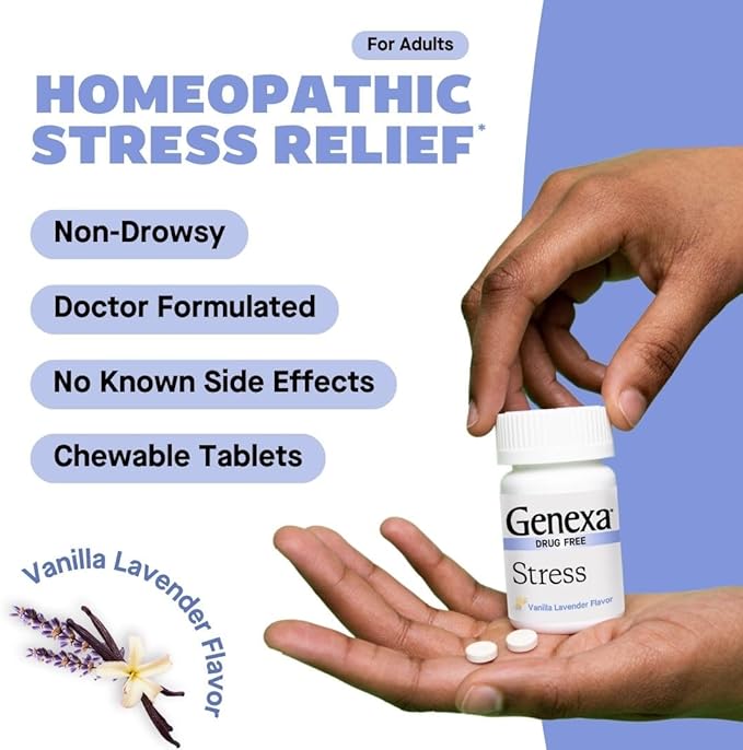 Genexa Stress for Adults | Anxiety Relief & Fatigue Remedy | Soothing Natural Vanilla & Lavender Flavor | Gluten Free & Non-GMO | Homeopathic Remedy Made Clean | 180 Chewable Tablets (3 Pack)