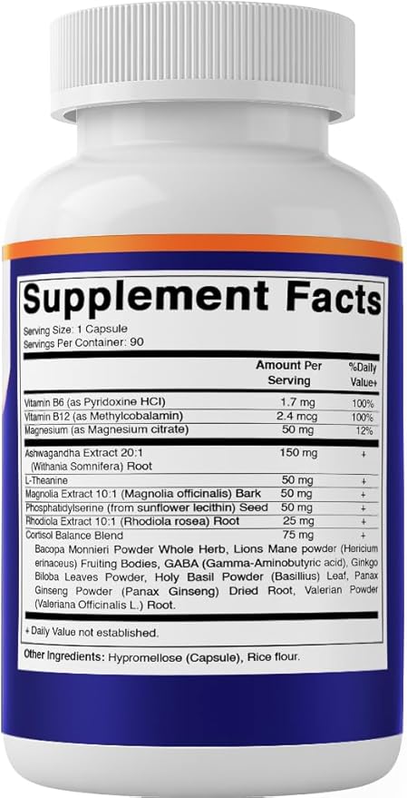 Vitamatic Cortisol Health Support - 90 Veggie Capsules - Made with Adaptogenic Blend with Ashwagandha, Rhodiola, Magnolia, L-Theanine, Phosphatidylserine