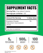 BulkSupplements.com Cranberry Powder - Cranberry Supplements for Women & Men, Air Dried Cranberries - Unsweetened & Gluten Free, 5g per Serving, 500g (1.1 lbs) (Pack of 1)