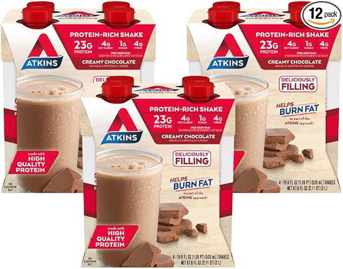 Atkins Creamy Chocolate Meal Size Protein Shake, 23g Protein, Low Glycemic, 4g Net Carb, 1g Sugar, Keto Friendly, 12 Count