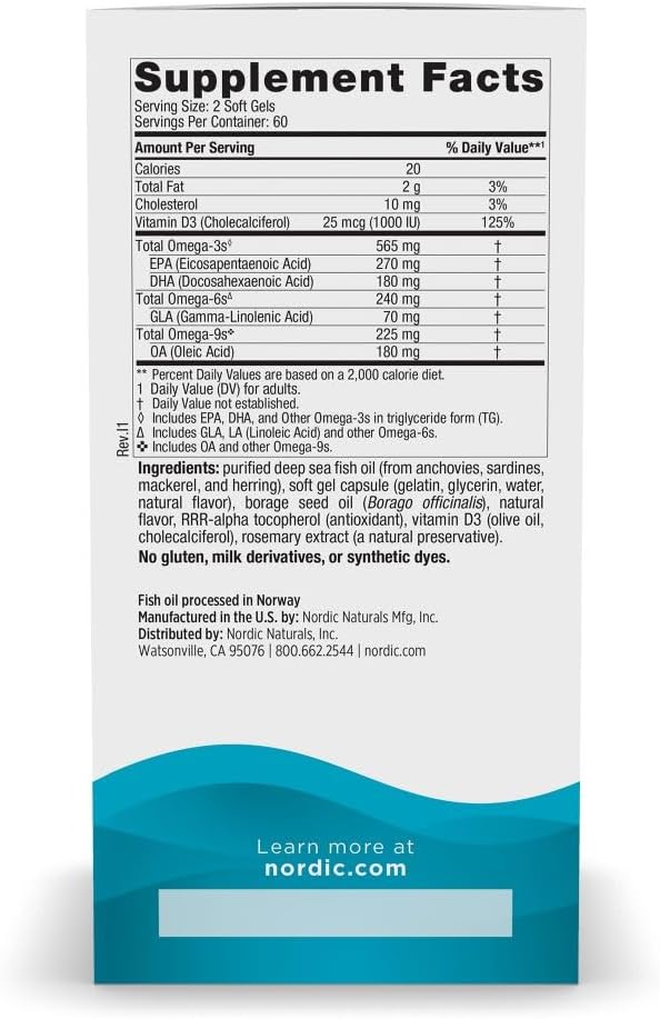Nordic Naturals Complete Omega-D3, Lemon Flavor - 120 Soft Gels - 565 mg Omega-3 + 70 mg GLA + 1000 IU Vitamin D3 - EPA & DHA - Healthy Skin, Cognition, Positive Mood - Non-GMO - 60 Servings