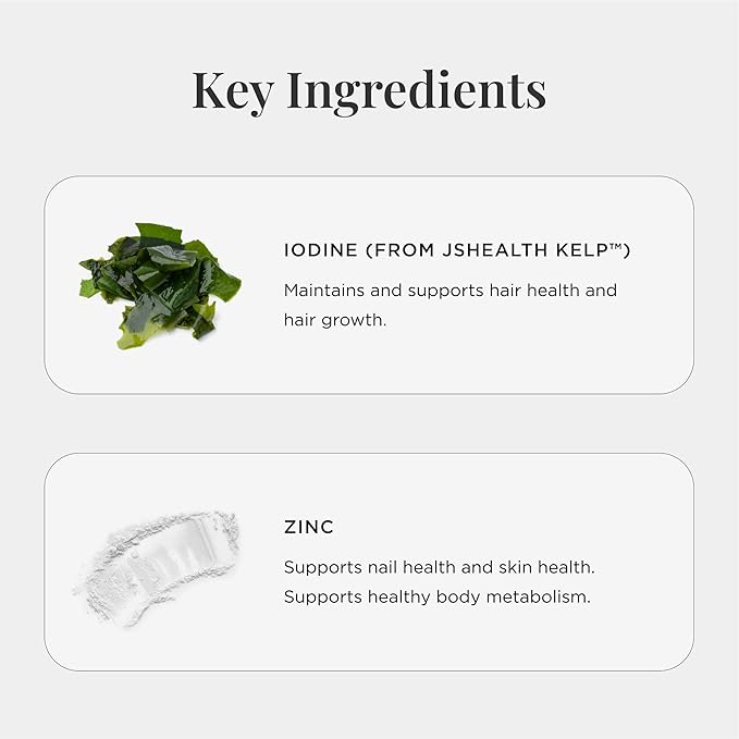 JSHealth Hair Growth Vitamins for Women. Hair + Energy with Kelp Iodine and Zinc. Supports Thickness, Strength, Energy. Nutritionist-Formulated (30 Capsules)