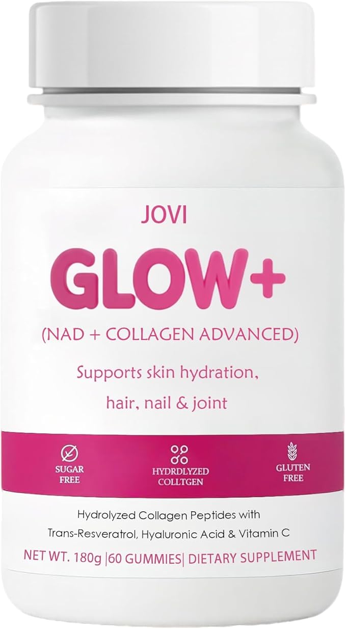 Jovi Nutrition Glow+ NAD+ & Collagen Gummies,Multi-Type Hydrolyzed Collagen Peptides with Resveratrol, Hyaluronic Acid, Vitamin C & E, Skin, Hair & Nail Nutritional Support
