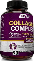 NutriFlair Multi Collagen Peptides 2250mg, 90 Capsules - Type I, II, III, V, X - Collagen Supplements Complex Powder Pills for Women and Men - Hydrolyzed Protein, Healthy Hair, Skin, Nails - Non-GMO