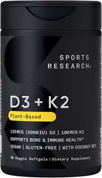 Sports Research® Vitamin D3 + K2 w/Coconut Oil - Vegan Vitamin D 5000iu (125mcg) & Mk7 Vitamin K 100mcg for Bone & Immune Support - Vegan Certified · Non-GMO · Soy Free - 30 Softgels