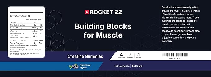 Creatine Monohydrate Gummies 5g,Sugar-Free,for Men & Women to Support Muscle Recovery, Performance and Strength, Blueberry Flavor, 120 Gummies, Rocket 22.