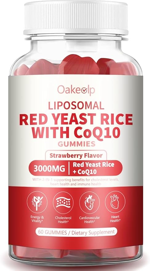 30 Day Supply Liposomal Red Yeast Rice with Coq 10 3000mg Gummies,Organic Red Yeast Rice Cholesterol Lowering Supplements, Enhanced with Coq 10 for Heart Support,Liposomal Enhance 98% Absorption