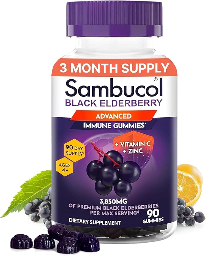 Sambucol Elderberry Gummies - Immune Support Supplement for Adults & Kids with Vitamin C & Zinc, Sambucol Elderberry are High in Antioxidants, Gluten Free, Vegan - 90 Count