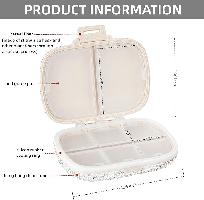 Cute Pill Organizer Small Bling Pill Case for Purse Medicine Vitamin Container Holder Daily Pill Box Container for Women Travel Medicine Kit(Red)