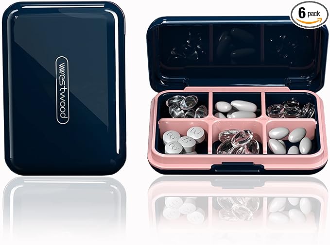 DUBSTAR Travel Pill Organizer Moisture Waterproof Small Pill Box for Pocket Purse 6 Compartments Portable Pill Case Medicine Vitamin Holder Container Blue