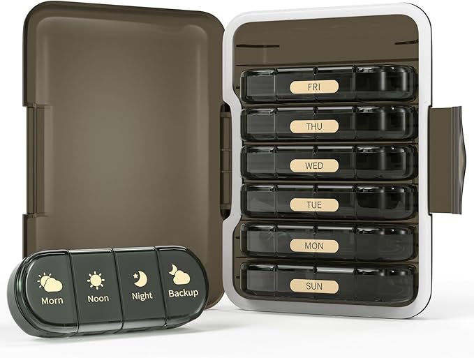 Weekly Pill Organizer 4 Times a Day, 7 Day Pill Box 4X, Portable for Travel Pill Case for Pills/Vitamin/Fish Oil/Medication/Supplements (4x7 Black)