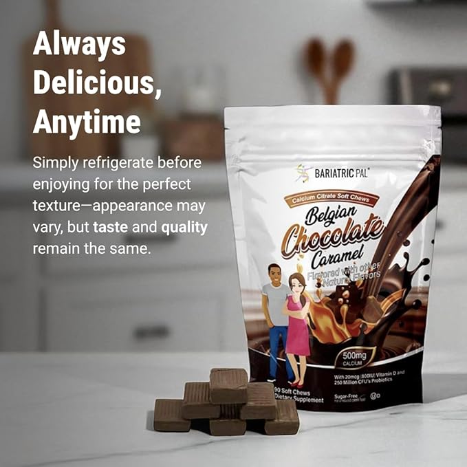 BariatricPal Sugar-Free Calcium Citrate Soft Chews | 500mg with Vitamin D & Probiotics | Belgian Chocolate Caramel | 90 Count (1 Month Supply)