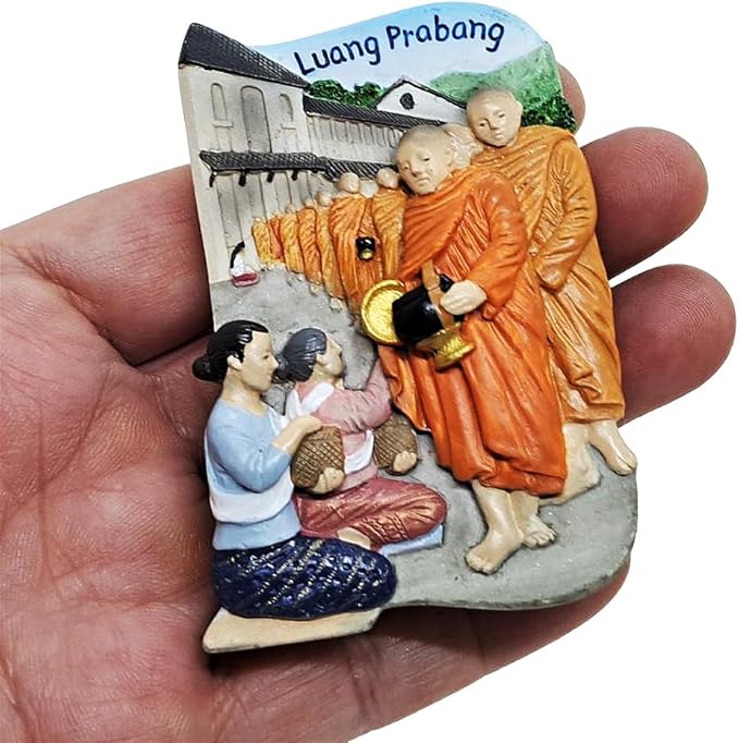 WitnyStore Tiny Morning Alms Giving Offer Sticky Rice and Food to Buddhist Monks in Luang Prabang, Laos Southeast Asia Tourist Attractions Resin Refrigerator Magnet Traveler Souvenir 3D Fridge Magnets