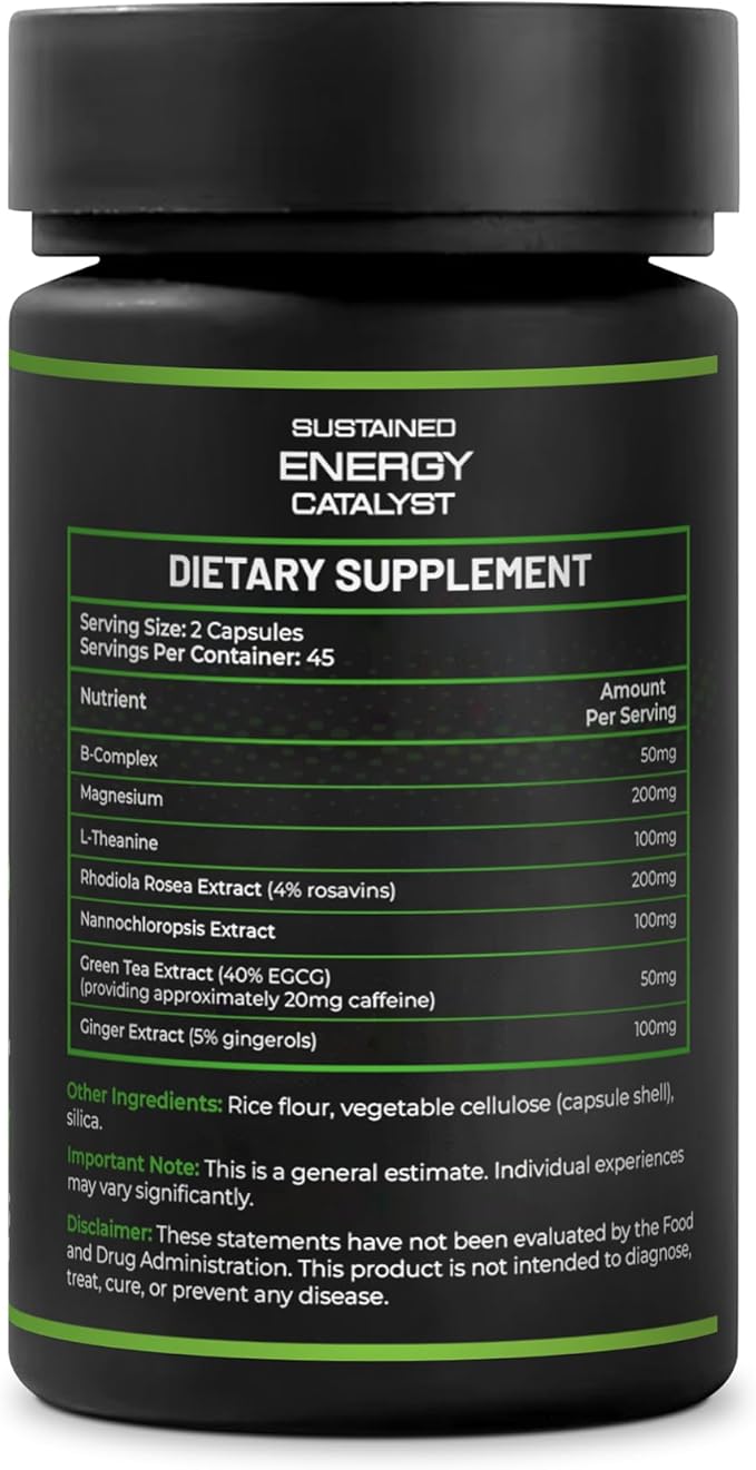 Sustained Energy Catalyst – Vegan Supplement with Magnesium, B-Complex, L-Theanine, Rhodiola, Green Tea & Marine Phytoplankton – for Energy, Focus, and Mental Balance – 90 Capsules