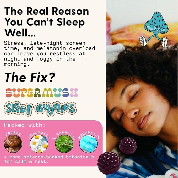 SuperMush Sleep Gummies for Adults - Mushroom Supplement with Magnesium Citrate, L-Theanine, Chaga, Reishi & Chamomile for Deep Sleep, REM & Detox - Vegan & Sugar-Free - 28 Gummies (14 Servings)