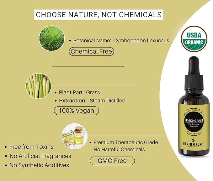 Earth N Pure Lemongrass Essential Oil | Steam Distilled | for Home Diffuser, Skin & Hair Care | with Glass Dropper - 50 ML