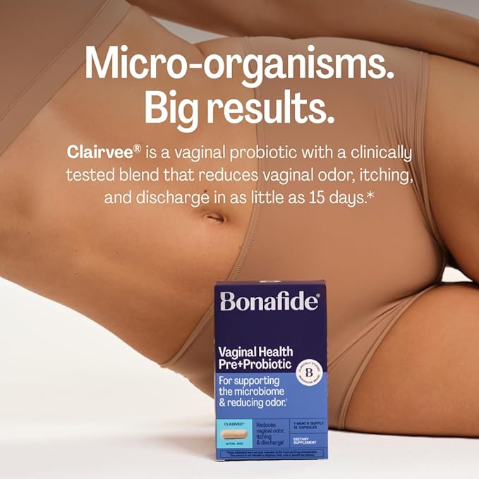 Bonafide Vaginal Health Pre + Probiotic (Clairvee). Relief from Odor, Itching, & Discharge. — 2-Month Supply (30 Capsules)