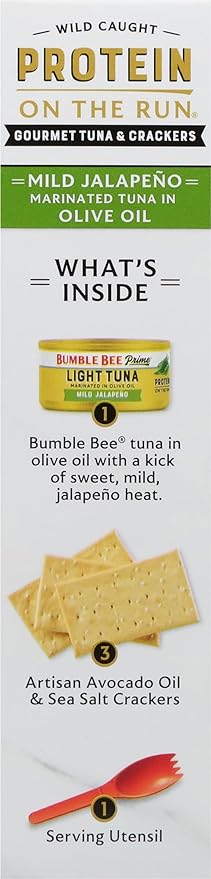 Bumble Bee Prime Protein on the Run Tuna Snack Kit - Gourmet Tuna Marinated in Olive Oil & Mild Jalapeno with Crackers and Serving Utensil - 20g of Protein Per Serving (Pack of 3), Easy Open Cans