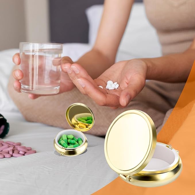 WLLHYF Pill Box Cute Small Pill Box for Purse & Pocket Medicine Organizer Travel Pillbox Waterproof Pill Case Metal Pill Container Holder for Vitamins, Fish Oil, Supplements(Gold)
