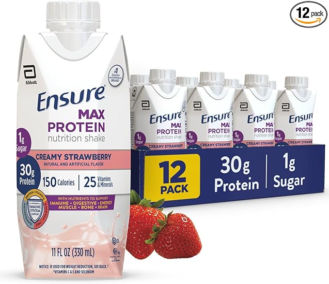 Ensure Max Protein Shake | Creamy Strawberry | Ready to Drink | 30g Protein for Muscle Health | 1g Sugar, 4g Fiber | 11 fl oz Bottle, 12 Pack