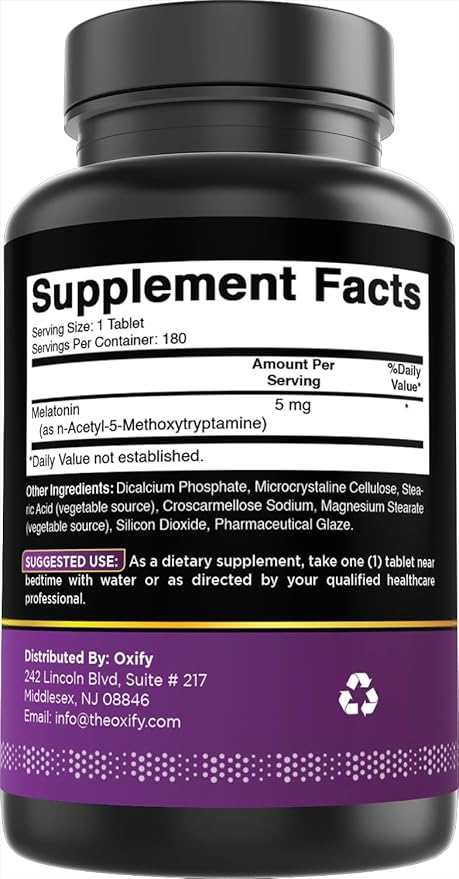 Oxify Melatonin 5 mg | 180 Tablets | Gluten-Free, Non-GMO | Supplement Made in USA