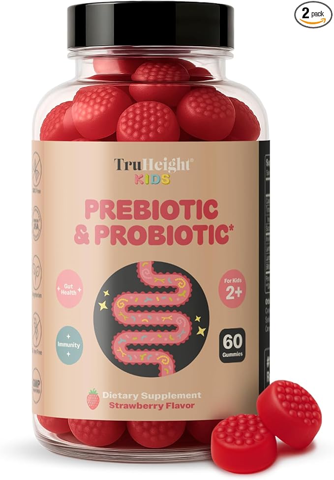 TruHeight Kids Prebiotic & Probiotic Gummies Ages 2+ (Strawberry Flavor) Toddlers & Kids All Natural Gut Health, Digestive Enzymes, Stomache Ache, Constipation Relief Supplement - Pediatric Vitamins