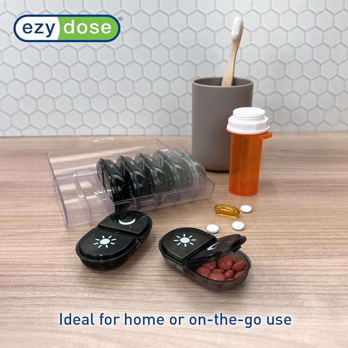 EZY DOSE Weekly (7-Day) Daily Individual AM/PM Pill Organizer with Case, Portable Medication Dispenser, Travel-Friendly Durable Pill Container, 2X Day Compartments for Vitamins and Supplements, Black