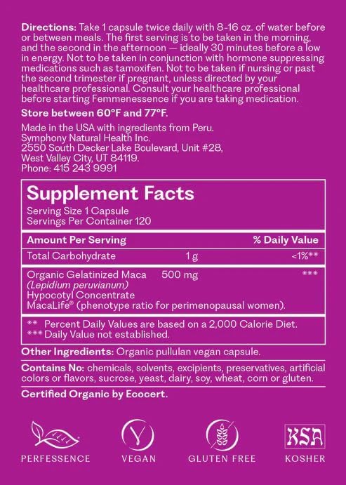 Femmenessence® MacaLife® – Clinically Proven Perimenopausal Organic Vegan Supplement for Natural Hormone Balance, Symptom Relief, Heart & Mood Support (360 Capsules, 180 Day Supply)