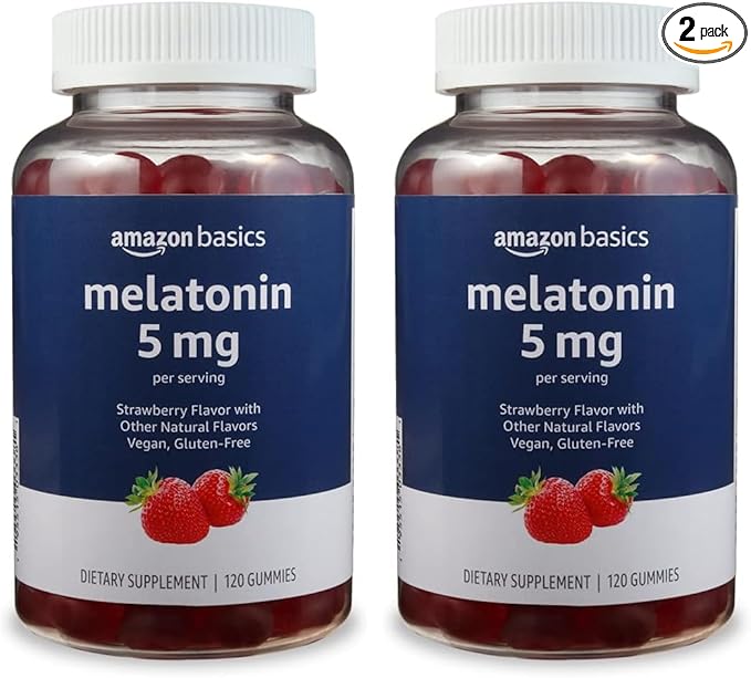 Amazon Basics Melatonin 5mg, Strawberry (Previously Solimo) 120 Gummies (2 per Serving) (Pack of 2)