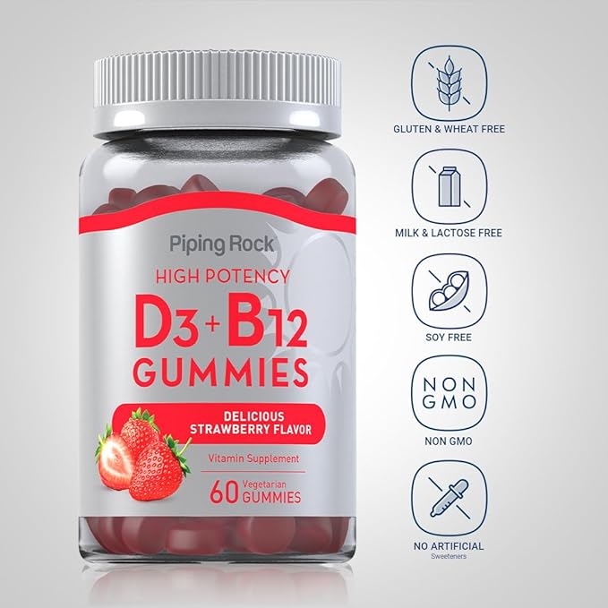 Piping Rock Vitamin D3 and B12 Gummies | 60 Count | Supplement for Women and Men | High Potency | Strawberry Flavor | Vegetarian, Non-GMO, Gluten Free