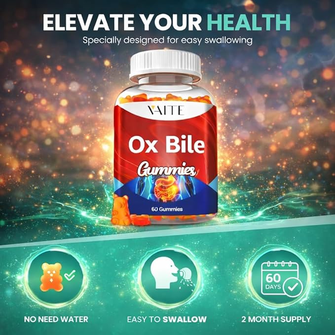 VAITE Ox Bile Gummies – 500mg Digestive Support for Gallbladder & Gut Health – Non-GMO, Sugar-Free Supplement – Helps Nutrient Absorption & Bile Flow – 60 Easy-to-Chew Bile Acid Chewables