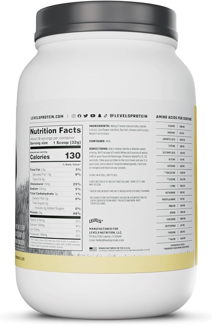 Levels Grass Fed Whey Protein Powder, No Artificials, 24G of Protein, Vanilla Bean, 2LB