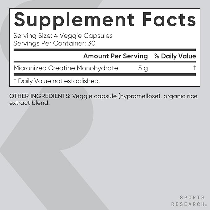 Sports Research® Creatine Monohydrate Capsules - Supports Workout Recovery, Lean Muscle gain, Performance and Strength* - Non-GMO, Vegan Certified - 5g per Servings - 30 Servings