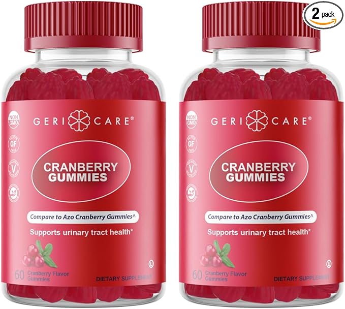GeriCare Cranberry Gummies, Compare to AZO Naturally Sourced Cranberry Extract for UTI & Bladder Health, Antioxidant Support, Non-GMO, Gluten-Free, Vegan, Gelatin-Free, 60 Count (2 Pack)