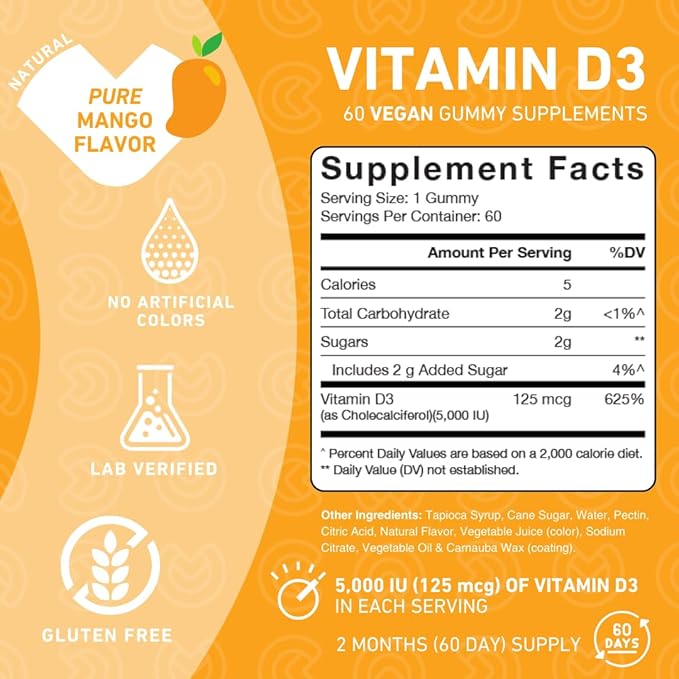 PUREFINITY Vitamin D3 5000 iu Gummies – Your Daily Vitamin D Supplement for Bone Health, Immune Health, and Joint Muscle Support for Adults & Kids – Gluten Free, Non-GMO – 60 Veggie Gummies