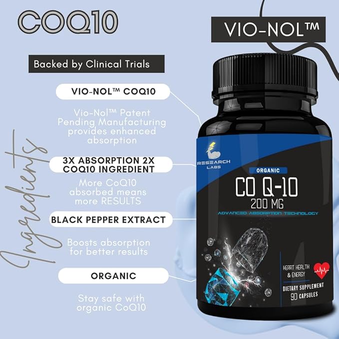 Research Labs 180 Softgels Advanced Absorption 200mg CoQ10 w/Black Pepper Extract. 2 for 1 Ad. Organic, Gluten Free, Heart Health Support, Energy Production, Antioxidant Supplement