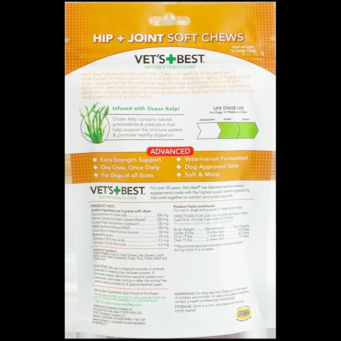 Vet's Best Advanced Hip & Joint Soft Chew Dog Supplements - Formulated with Glucosamine and Chondroitin to Support Dog Joint and Cartilage Health -30 Day Supply