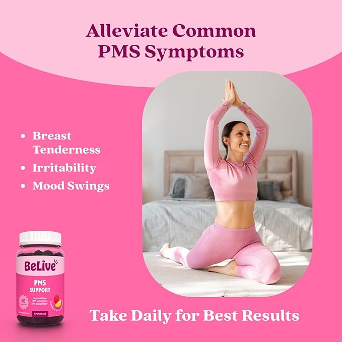BeLive PMS Support Gummies Supplement – Helps Relieve PMS Symptoms – Hormonal Balance Mood Swings & Cramps Relief, Bloating Support – with Chaste Tree Extract - Strawberry Lemonade Flavor – 60 Count