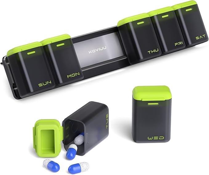 KOVIUU Weekly Pill Organizer Magnetic, Removable Pill Box 7 Day 1 Time a Day, Large Pill Case Travel, Week Once Daily Medication Dispenser, Medicine Container Holder for Supplement Vitamin, Green