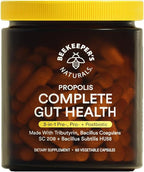 Complete Gut Health by Beekeeper's Naturals, 3-in-1 Prebiotic, Postbiotic, Probiotics for Digestive Health & Bloating Relief for Women & Men, Propolis Powered, Gluten-Free Vegan Capsules, 60ct
