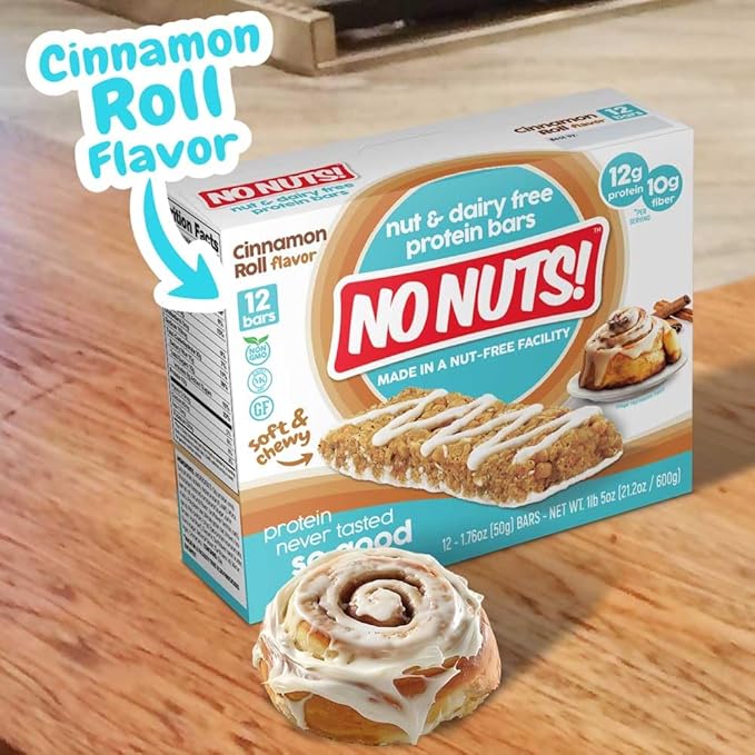 No Nuts! Cinnamon Roll Flavor Snack Bars - 100% Nut-Free Dairy Free Vegan Protein Bars, Organic, Kosher, Egg-Free, Non-GMO, 12g Protein, 10g Fiber, 12 Count