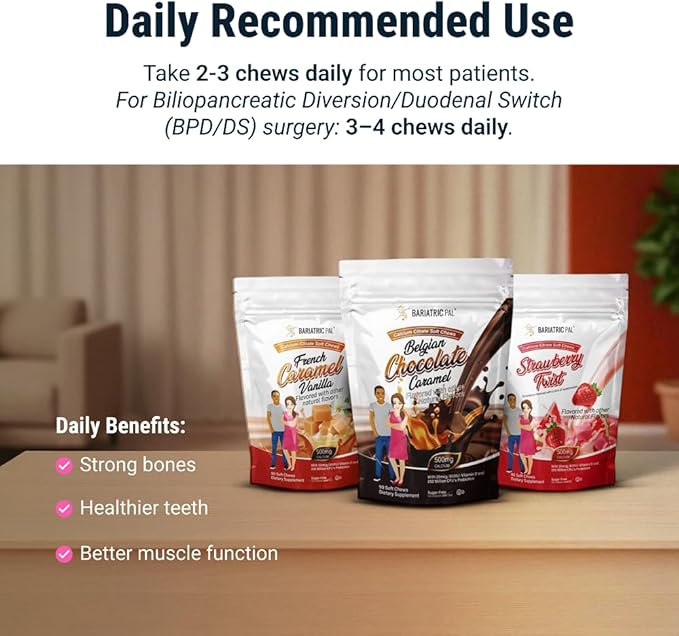 BariatricPal Sugar-Free Calcium Citrate Soft Chews | 500mg with Vitamin D & Probiotics | Strawberry Twist | 90 Count (1 Month Supply)