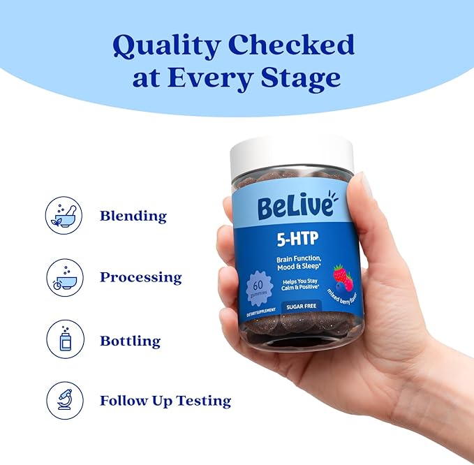 BeLive 5-HTP Gummies - 60 Ct I 5HTP Stress Relief Gummies for Better Sleep, Heightened Focus, Mood Booster & Stress Relief I Serotonin Booster for Adults, Vegan 5 HTP Supplement - Mixed Berries Flavor